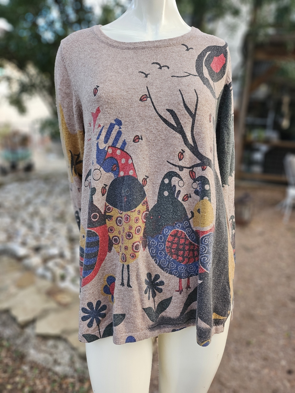 Shana Women’s Crew Neck Tan Knit Sweater Colorful Folk Art Bird Motif  M